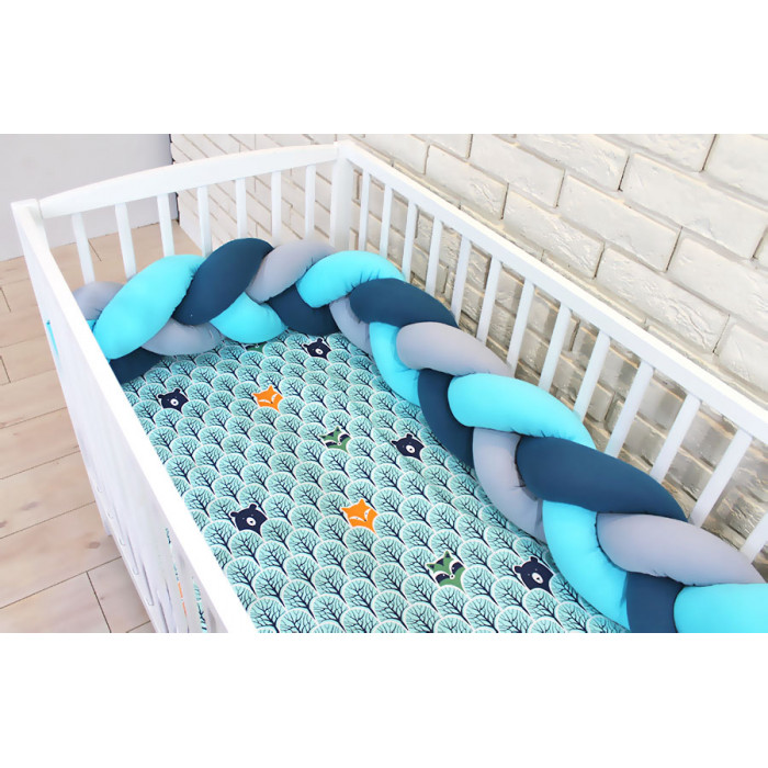 Baby Nellys Mantinel pletený vrkoč s obliečkami Lesik, 135x100 - tyrkys, šedá