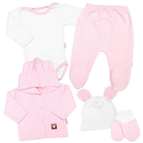 Rebrovaná sada, Star 5D, body, polodupačky, kabátik, čiapka, rukavice - rúžová, biela,68