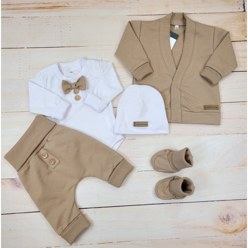 Bavlnená sada, body, nohavice, motýlik a čiapka Elegant Boy 5D, Kazum, mocca/biela, veľ.80