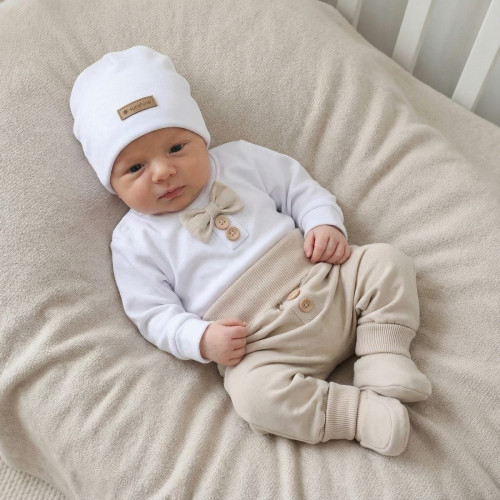 Bavlnená sada, body, nohavice, motýlik a čiapka Elegant Boy 5D, béžová/biela, veľ. 74