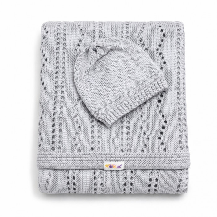 Háčkovaná sada dečka 80 x 90 cm  s čiapočkou - sivá