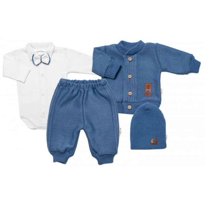 5-dielna pletená sada Baby Nellys, Boy, body, nohavice, sveter, čiapočka, motýlik - modrá