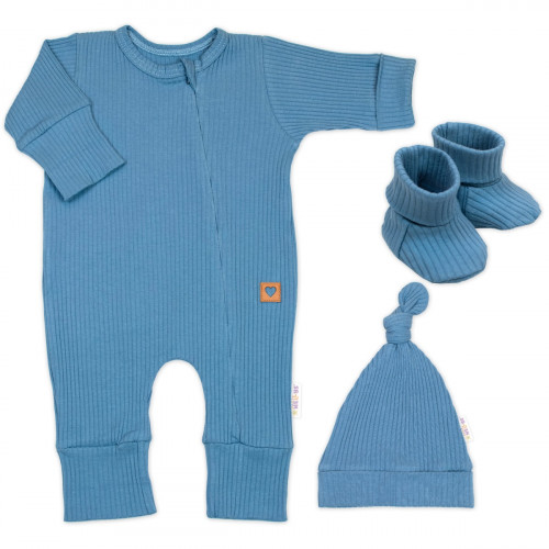 Rastúci rebrovaný overálek, čiapočka a topánočky, 3D, Nature - jeans, vel. 86/92