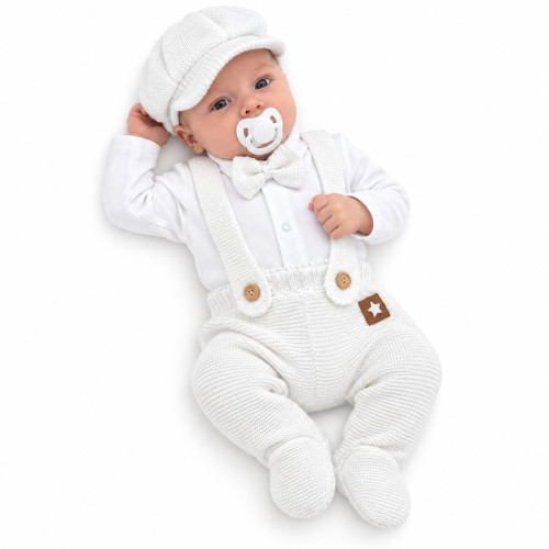 Pletená súprava Gentleman 3D, body, polodupačky s laclom, čiapočka, biela, 62