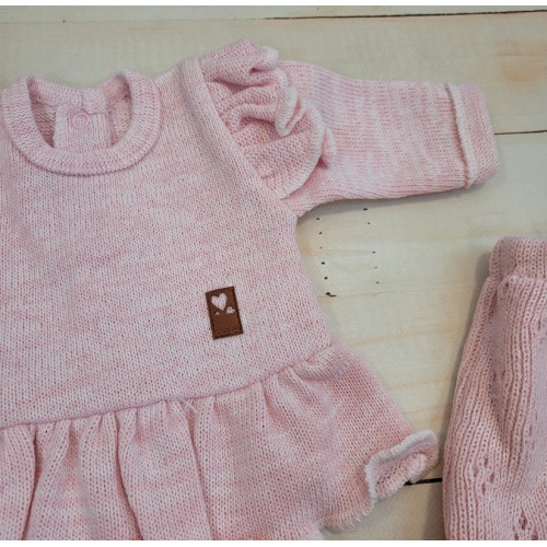 Pletená ažurková sada 4D, tunika, polodupačky, čiapočka + čelenka Kazum, ružová