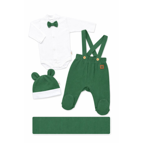 Bavlnená súprava Gentleman 3D, body, polodupačky s laclom, čiapočka, tm. zelená, 62