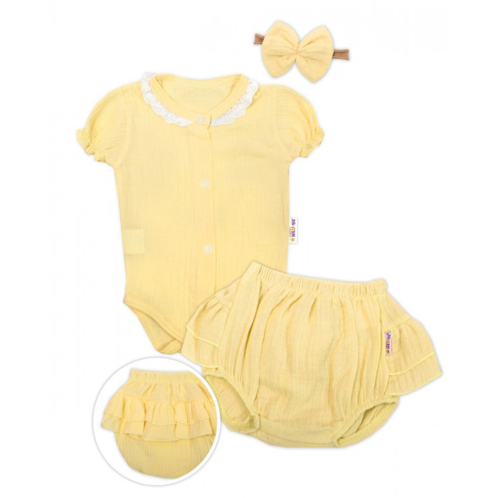 Baby Nellys 3-dielna mušelínová súpravička, body, kraťasky+čelenka GIRL, žltá