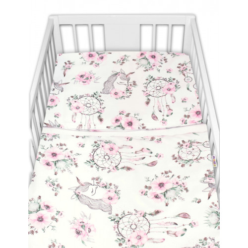 BABY NELLYS 3-dielna sada mantinel s obliečkami, Sny Jednorožca, biela/ružová, 135x100 cm