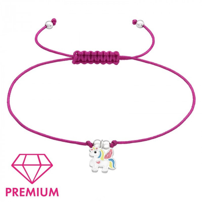 Náramok pre deti so striebornou ozdobou Premium Jednorožec, fuchsiový