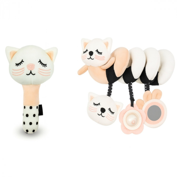 Plyšová senzorická špirála + plyšové pískatko Mačička - ružová, biela