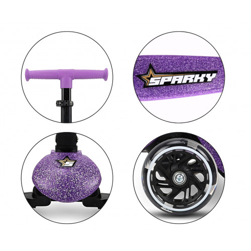 Detská kolobežka SPARKY LED trojkolová – svietiace kolieska, nastaviteľná, fialová