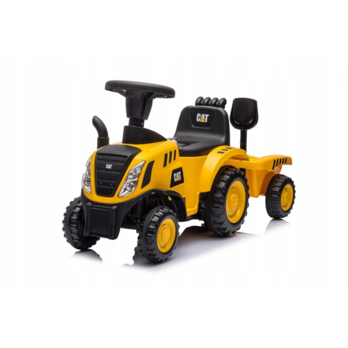 Detský traktor s vlečkou a náradím – odrážadlo pre deti so zvukmi - žlté