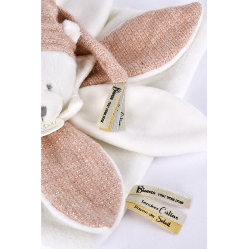 Doudou Darčeková sada Plyšový muchláčik medvedík s čiapočkou 25 cm ružový