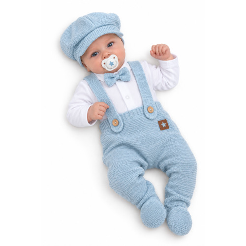 Pletená súprava Gentleman 3D, body, polodupačky s laclom, čiapočka, sv. modrá, 62