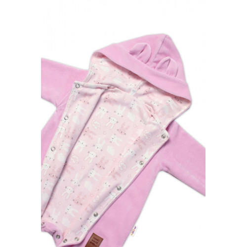 Baby Nellys Dvojvrstvový velúrový overal s kapucňou New Bunny, ružový, veľ. 86