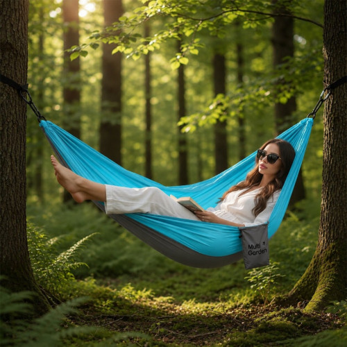Záhradná hojdacia sieť MultiGarden 290×140 cm – nosnosť 300 kg, modrá, sivá