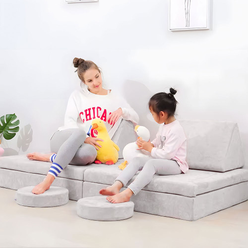 Detská modulárna rozkladacia pohovka – 2-miestna, veľká, 10 mäkkých vankúšov, DIY, sivá