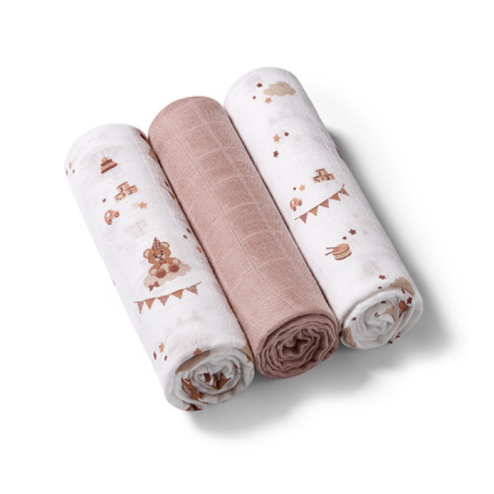 Mušelínové plienky BabyOno, Super Soft hnedé, 100% bavlna, 3 ks x 70x70 cm, Cirkus