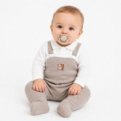 Baby Nellys 2-dielna súpravička Star, body dl. rukáv + pletené dupačky, béžové, veľ. 68